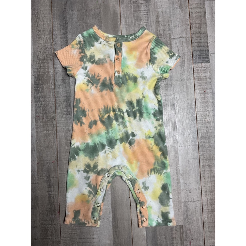 Art Class Baby Tie Dye Waffle Knit Henley Romper Green Orange 12M